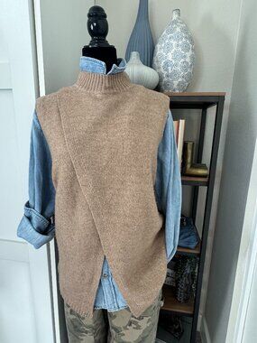 Tan Mock Neck Criss Cross Sleeveless Sweater - Size M